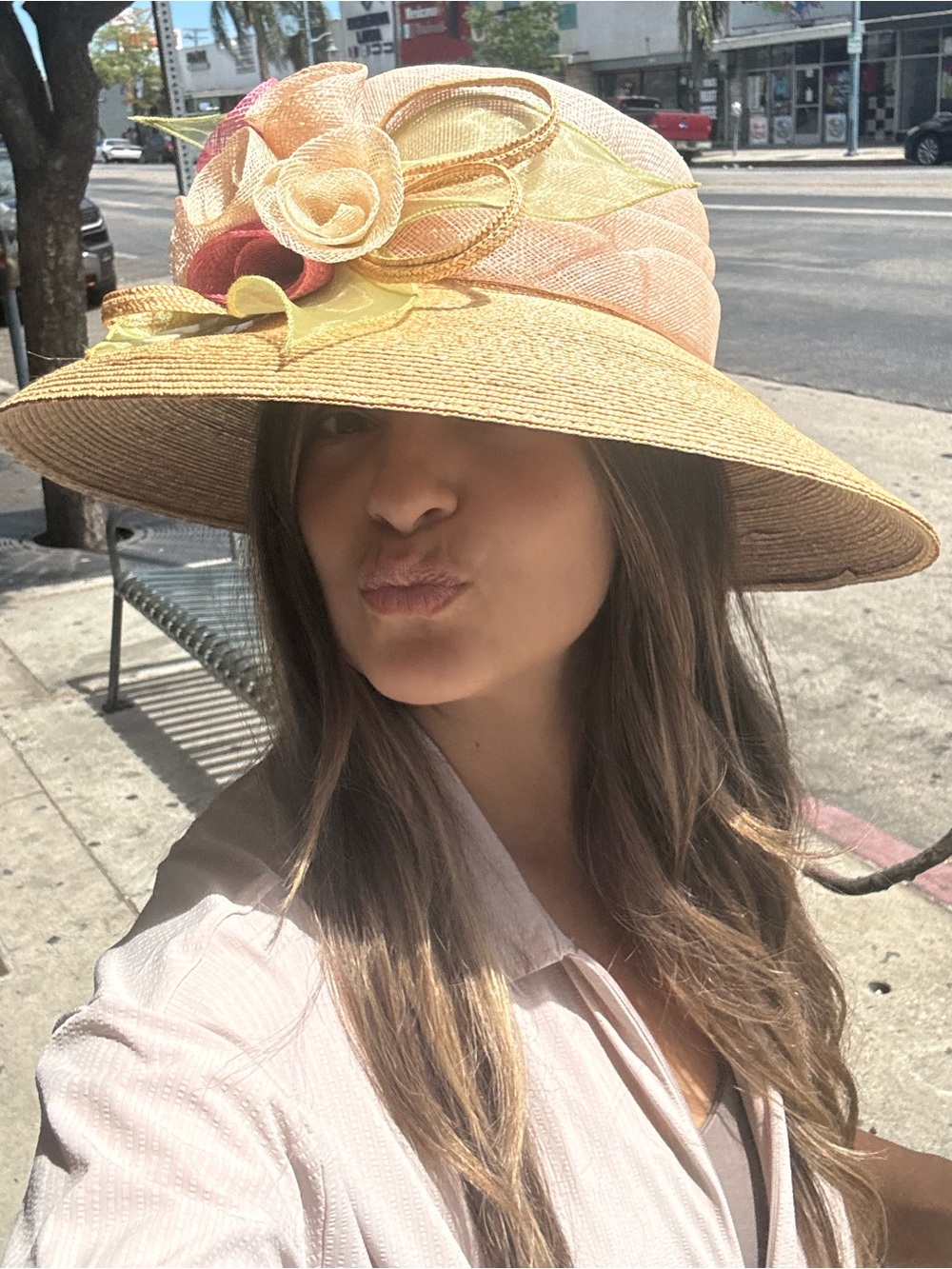 Vintage Elegant hat with Pink and Beige Floral Trim 100% SINAMAY